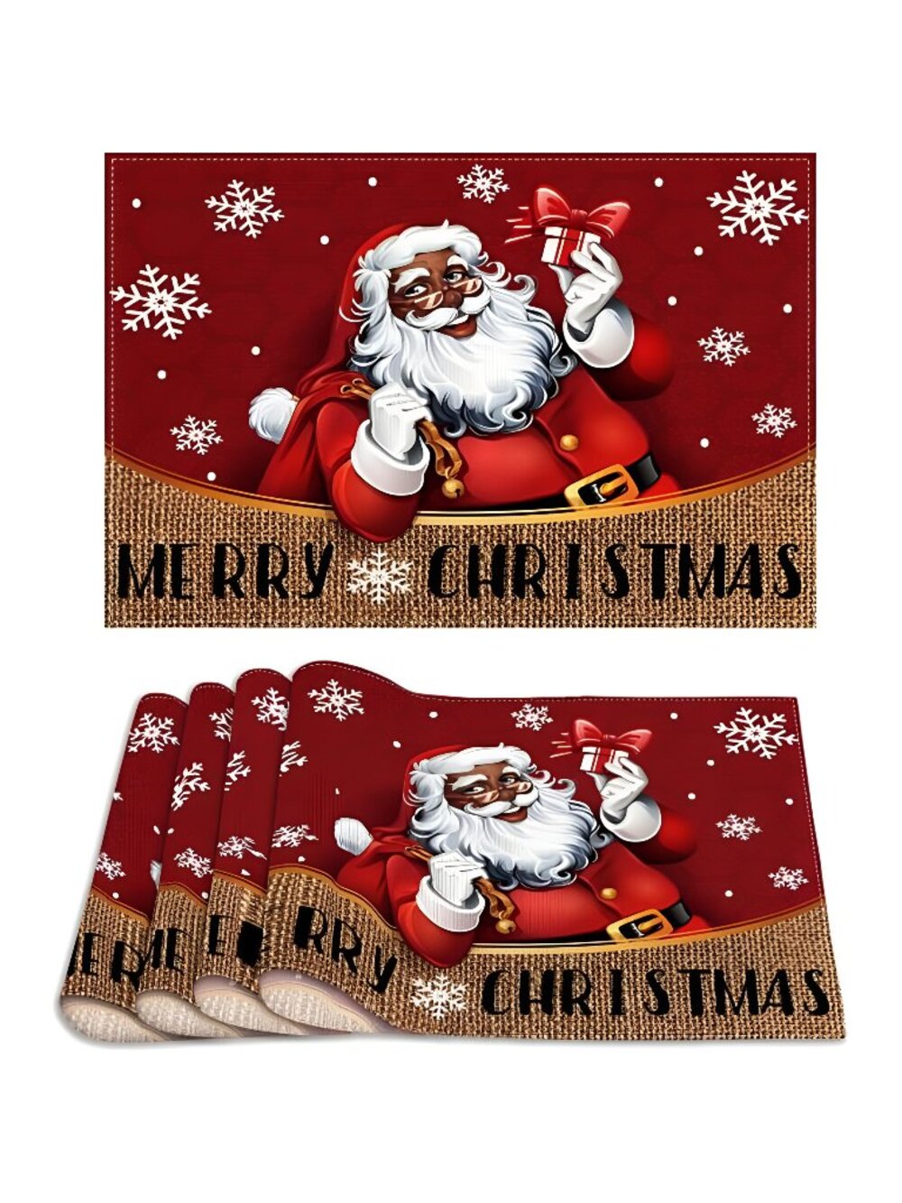 Linen African American Christmas Placemats Set of 4 Black Santa -12×18''